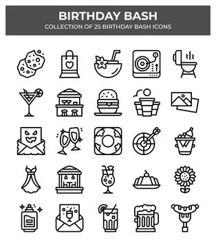 Birthday Bash. 25 Unique Party Icons Collection 库存插图