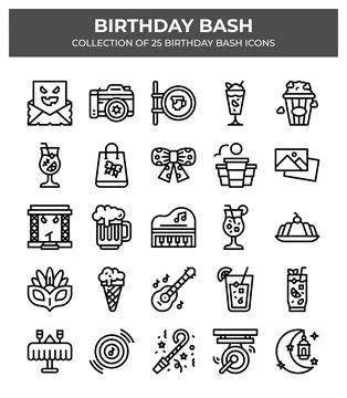 Birthday Bash. 25 Unique Party Icons Collection 库存插图