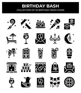 Birthday Bash. 25 Unique Party Icons Collection 库存插图