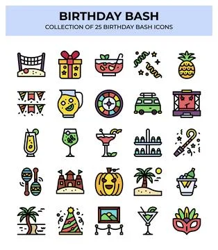 Birthday Bash. Collection of 25 Fun Party Icons Illustrazione stock