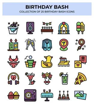 Birthday Bash Icons. 25 Colorful Party Celebration Design Elements Stockillustratie