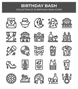 Birthday Bash Icons. 25 Fun Celebration Vector Graphics Stock Illustration