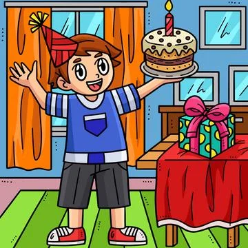 Birthday Boy Holding a Cake Colored Cartoon Stock Illustration