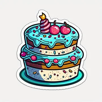 Birthday cake with blue frosting and cherry top. Outline sticker Stock Illustration