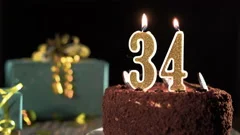Birthday cake with candle number 34 - Orange foamy background Stock Photo -  Alamy