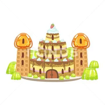 Birthday Cake Castle With Waffle Towers Fantasy Candy Land Sweet Landscape Stock Illustration