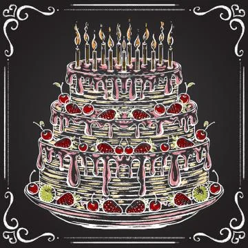 Birthday cake on the chalkboard. Illustrazione stock