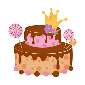 Birthday cake with crown and candy in cartoon style. Vector illustration. Stock Illustration