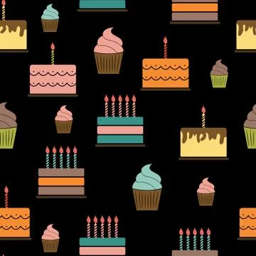 Birthday Cake Flat Seamless Pattern Background Vector Illustrati Stock Illustration