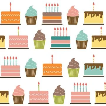 Birthday Cake Flat Seamless Pattern Background Vector Illustrati Stock Illustration