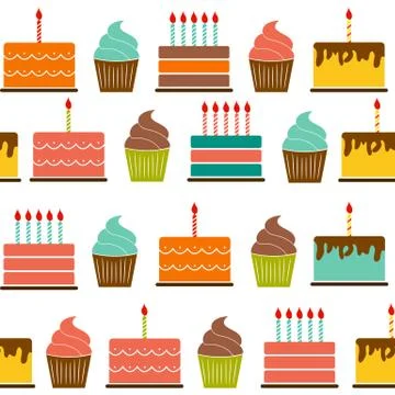 Birthday Cake Flat Seamless Pattern Background Vector Illustrati Stock Illustration