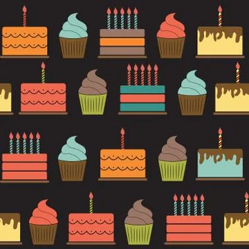 Birthday Cake Flat Seamless Pattern Background Vector Illustrati Stock Illustration