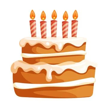 Birthday Cake Slice with Five Lit Candles Illustration. Sweet layered desse.. Stock Illustration