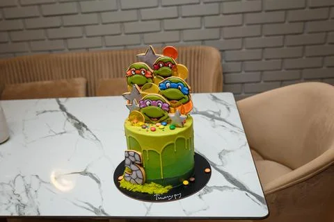 Birthday cake with Teenage Mutant Ninja Turtles for 5 years old boy theme party Stock Photos
