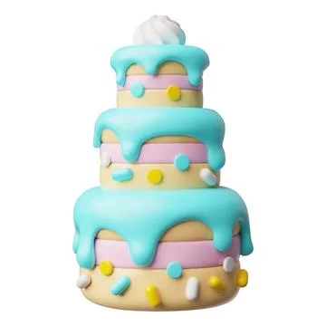 Birthday cake three tier 3D plastic style, vector celebration creamy dessert Illustrazione stock