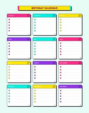 Birthday calendar planner months grid vector template Stock Illustration