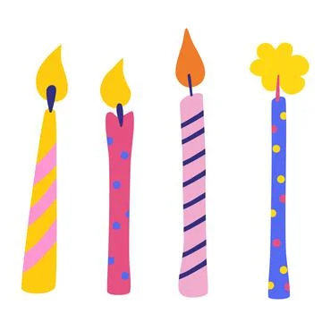 Birthday candles vector set. Accessory for festive feast. Multicolor burning Stock Illustration
