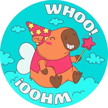Birthday capybara party cute vector illustration round sticker blue background Stock Illustration