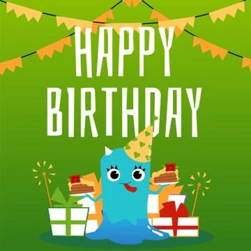 Birthday card with funny alien on green background flat vector illustration. Illustrazione stock