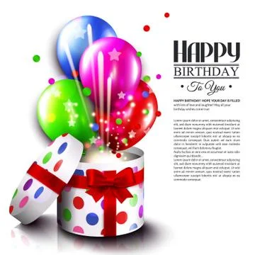Birthday card with open gift box, balloons and magic light fireworks. Stock Illustration