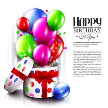 Birthday card with open gift box, balloons and magic lights. Stock Illustration