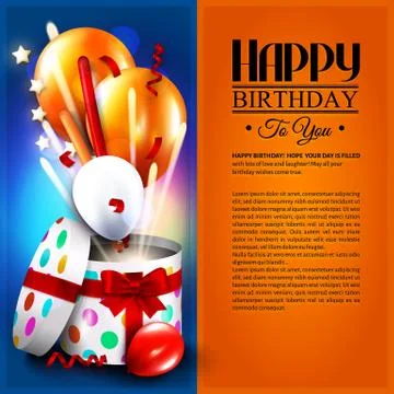 Birthday card with open gift box, balloons and magic light fireworks. Stock Illustration