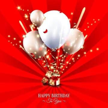 Birthday card with open gift box, balloons and magic light fireworks. Stock Illustration