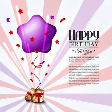 Birthday card with open gift box, balloons and magic light fireworks. Stock Illustration