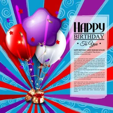 Birthday card with open gift box, balloons and magic light fireworks. Stock Illustration