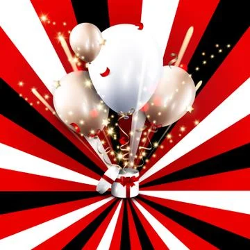 Birthday card with open gift box, balloons and magic light fireworks. Stock Illustration