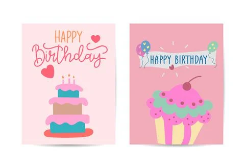 Birthday cards set Vector with cake illustration Illustrazione stock