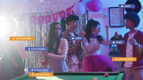 Birthday celebrant using phone gesture sparking social icons by pool as friends Stock Footage 333774787