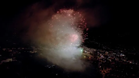 Birthday Celebration Colorful Fireworks Exploding in the night sky Aerial View Video stock 109225507