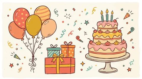 Birthday celebration elements with colorful balloons, confetti, gifts, and .. Stock Illustration