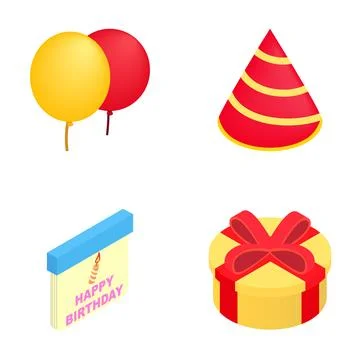 Birthday celebration elements isometric icons set Stock Illustration