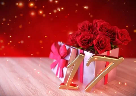 Birthday concept with red roses in gift on wooden desk. 17th. 3D render Stock Illustration