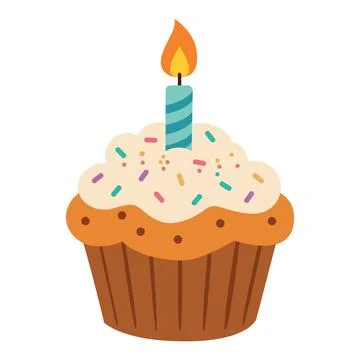 Birthday Cupcake with Candle Flat Vector Illustration Stock Illustration