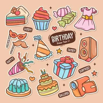 Birthday Cute Doodle Vector Sticker Collection 1 Ilustración de archivo