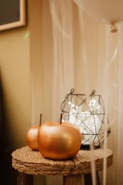 Birthday decorations with strings of lights. Stock Photos