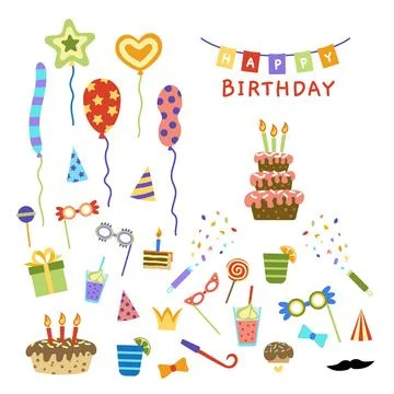 Birthday design elements set. Party clipart collection. Flat, cartoon, vector Illustrazione stock