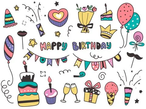 Birthday doodle elements set, vector graphics Illustrazione stock