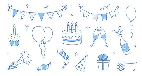 Birthday doodle icon element. Hand drawn sketch doodle birthday cake, balloon Stock Illustration