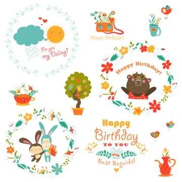 Birthday elements with cute animals and wreath Illustrazione stock