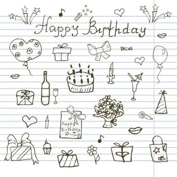 Birthday elements. Hand drawn set with birthday cake, balloons, gift and fest Stock Illustration