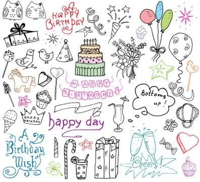 Birthday elements. Hand drawn set with birthday cake, balloons, gift and fest Stock Illustration