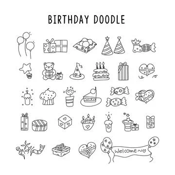 Birthday elements. Hand drawn set with birthday cakes, balloons, gift and fes イラスト素材