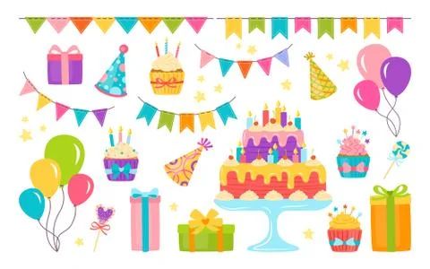 Birthday elements set cartoon present cake vector Stock Illustration