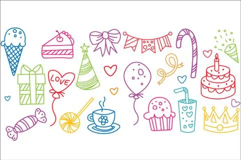 Birthday elements set, hand drawn party symbols vector illustration Stock Illustration