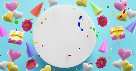 Birthday, empty white circle with confetti gift caps. Stock-Illustration