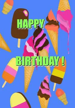 Birthday flat drawing of multicolored chocolate and fruit ice creams Stock Illustration